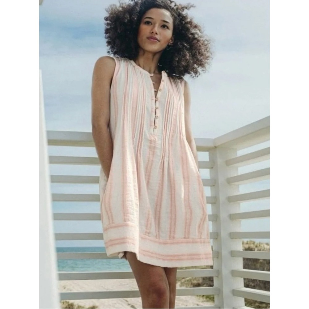 Faherty Isha Organic Cotton Pleated Dress Size S Striped Beach Beachy Boho